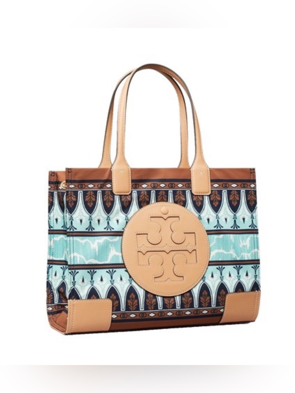 Tory Burch Ella Aqua/Tan Patterned Tote with Signature Logo